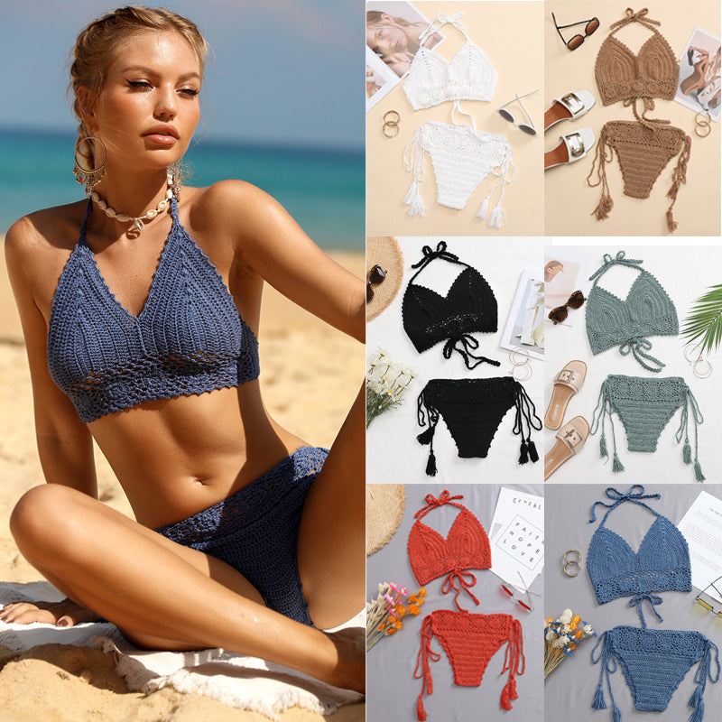 Dame virkad bikini-set med justerbara axelband och fransiga detaljer Mirla-Eva Jonsson