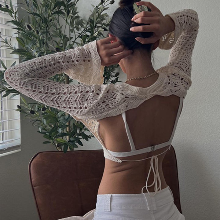 Dame virkad crop-top med vida ärmar och lös passform Mirla-Eva Jonsson