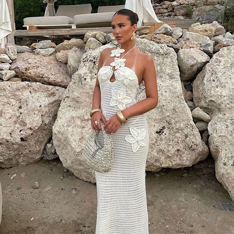 Dame virkade maxiklänning med blommig utdelning Mirla-Eva Jonsson
