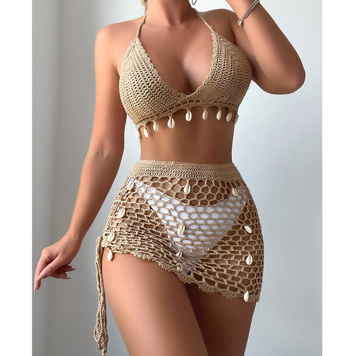 Dame virkat bikini-set med charmiga snäckdetaljer och justerbar botten Mirla-Eva Jonsson