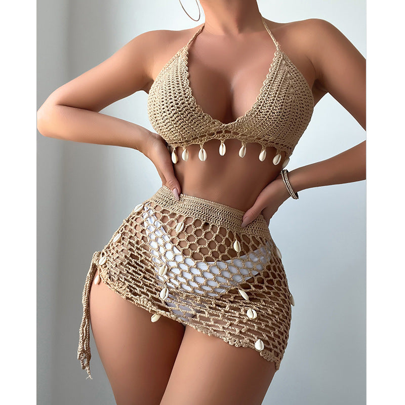 Dame virkat bikini-set med charmiga snäckdetaljer och justerbar botten Mirla-Eva Jonsson
