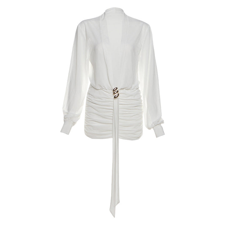 Dame wrap blouse with elegant gathering and colorful brooch closure Mirla-Eva Jonsson