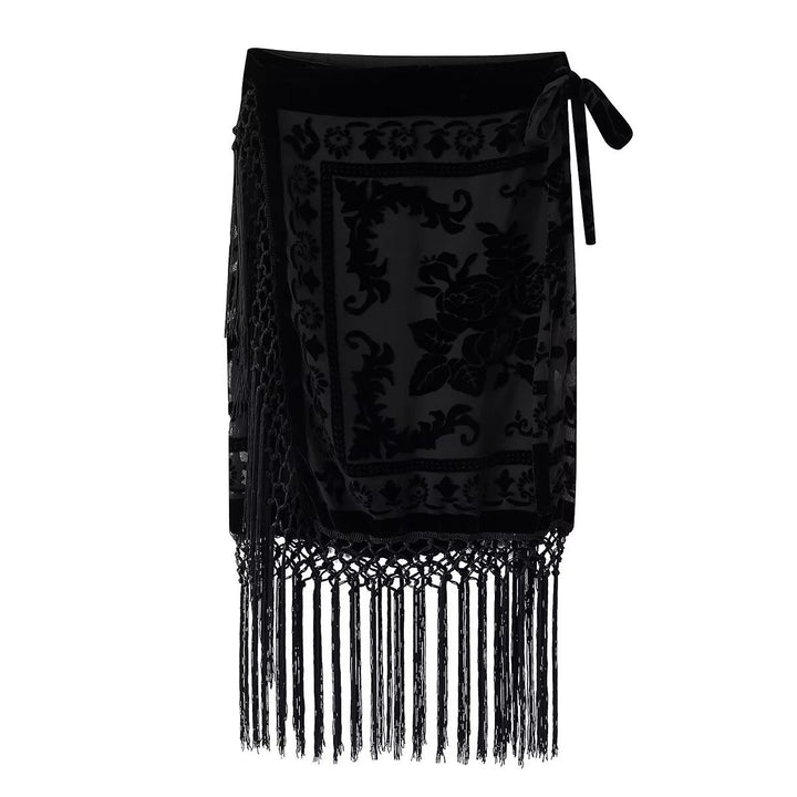 Dame wrap skirt with elegant fringe decoration and floral pattern Mirla-Eva Jonsson