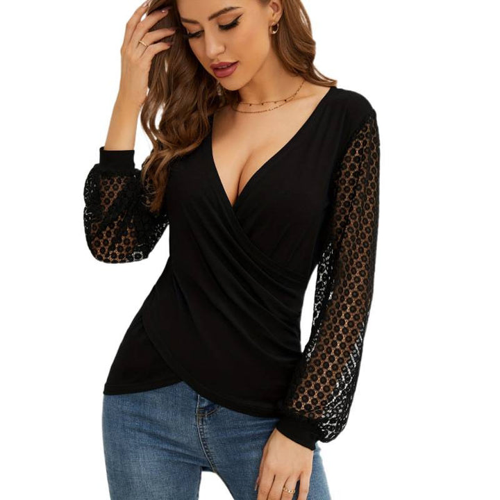 Dame wrap top med transparenta ärmar och moderiktig V-ringning Mirla-Eva Jonsson
