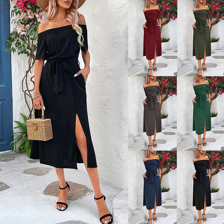 Damed Off-Shoulder Maxi Klänning med Elegant Slits och Midjebälte Mirla-Eva Jonsson