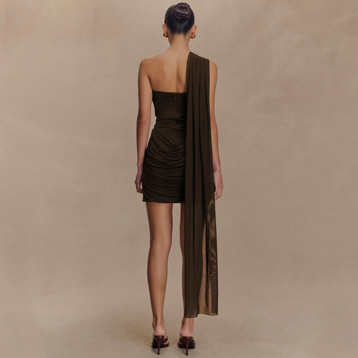 Damed cocktail dress with asymmetrical top and elegant draping design Mirla-Eva Jonsson