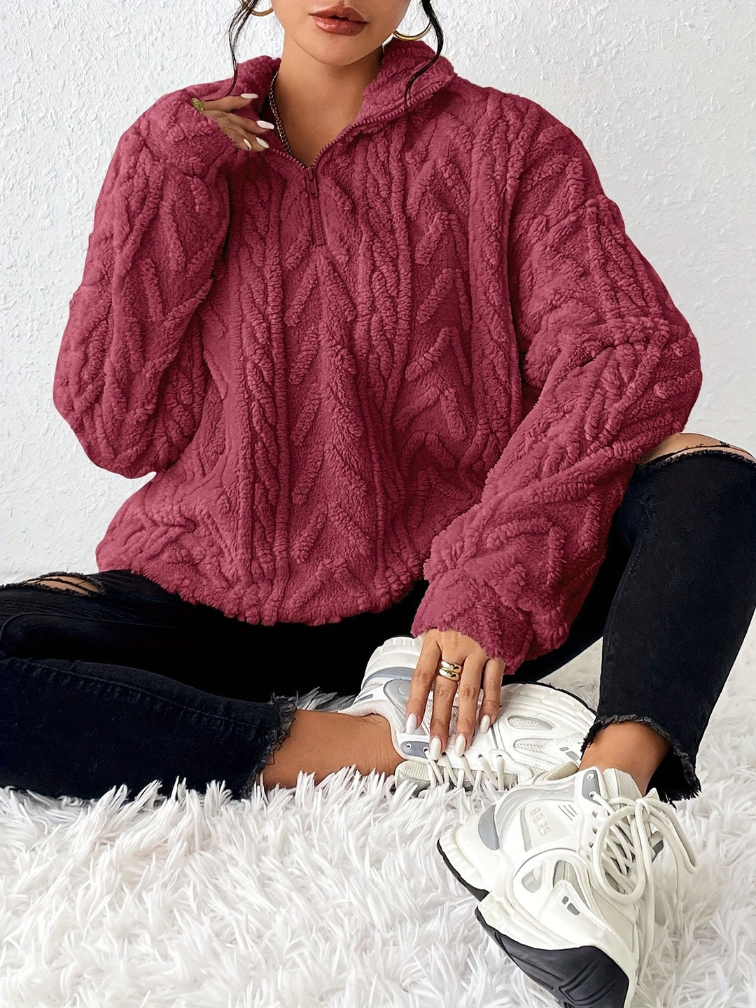 Damem fleece-pullover med hög krage och strukturerad design Mirla-Eva Jonsson