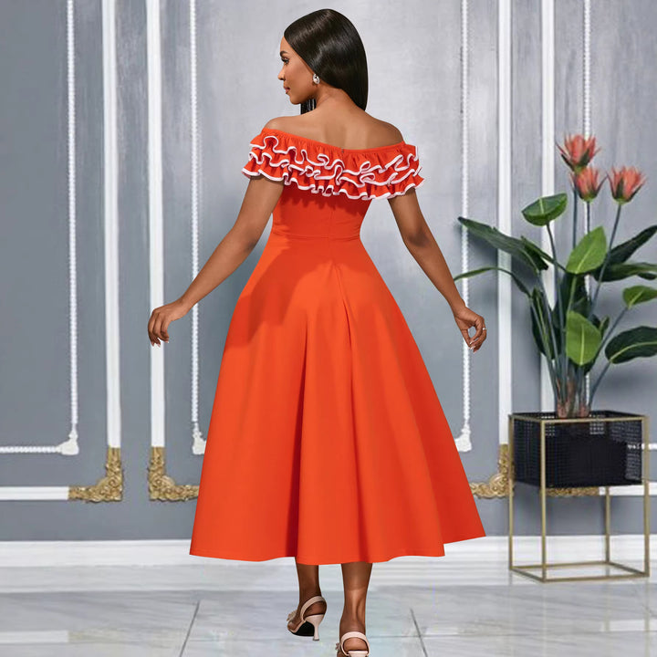 Damen A-linje kvällsklänning med off-shoulder volang Mirla-Eva Jonsson