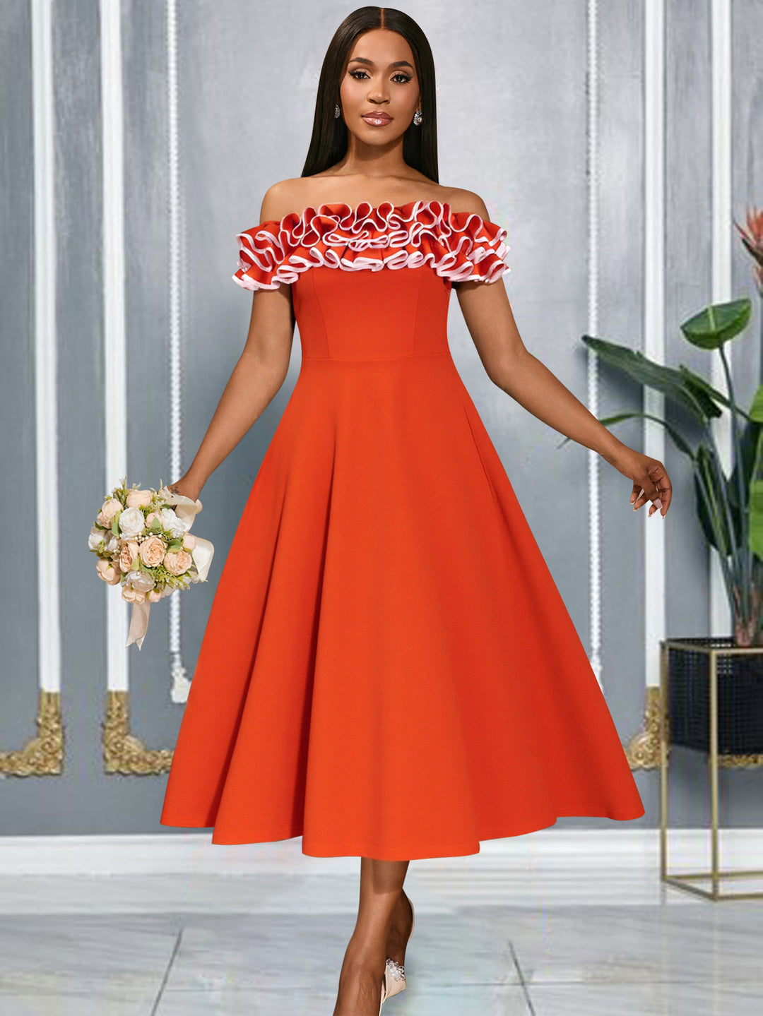 Damen A-linje kvällsklänning med off-shoulder volang Mirla-Eva Jonsson