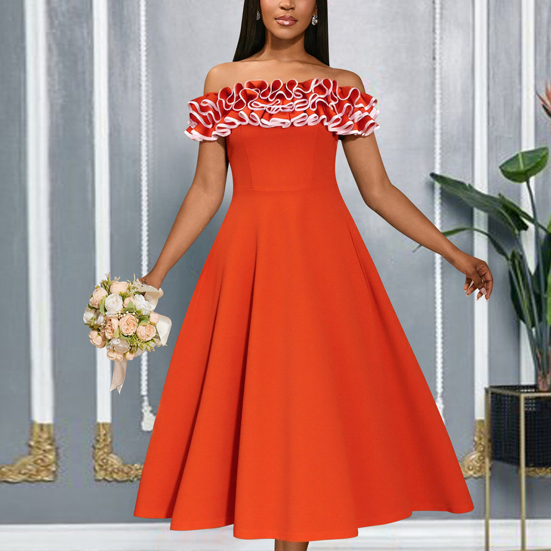 Damen A-linje kvällsklänning med off-shoulder volang Mirla-Eva Jonsson