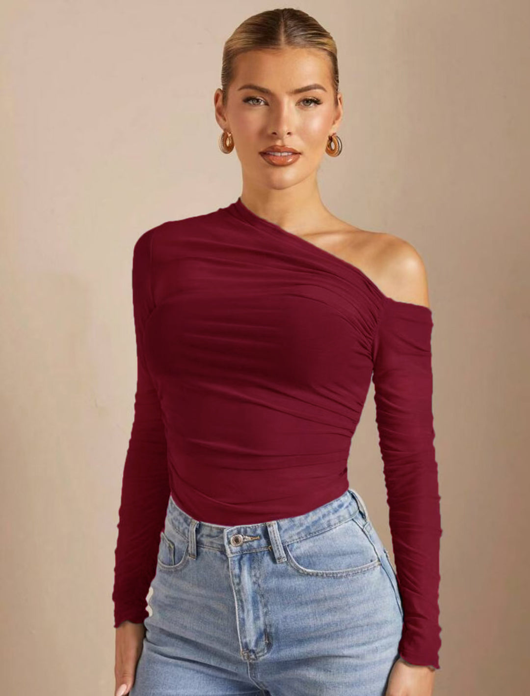 Damen Asymmetrisk Bodysuit med ruching och långa ärmar Mirla-Eva Jonsson