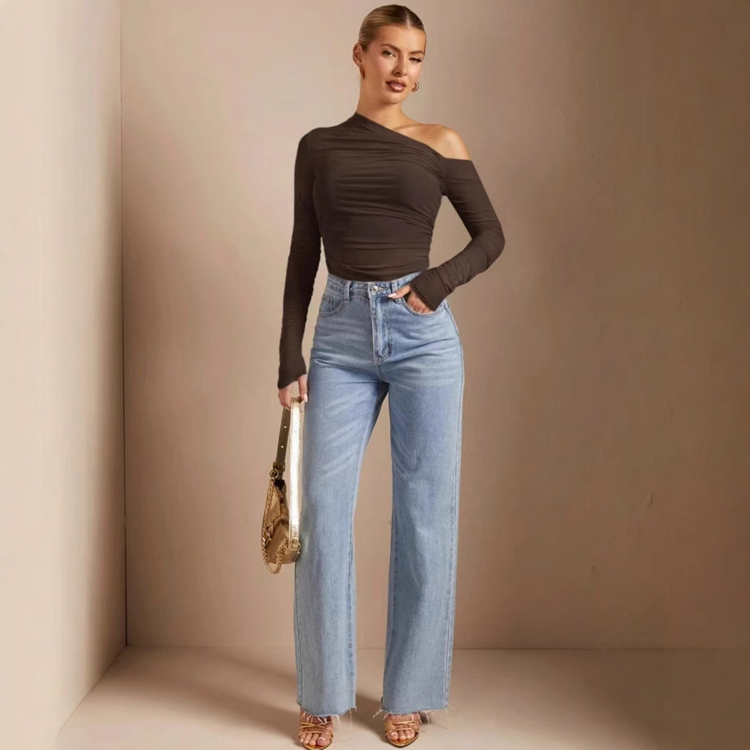 Damen Asymmetrisk Bodysuit med ruching och långa ärmar Mirla-Eva Jonsson