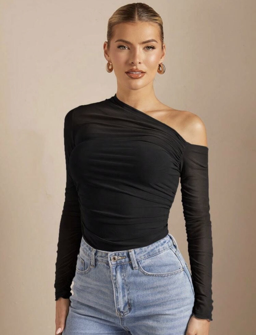 Damen Asymmetrisk Bodysuit med ruching och långa ärmar Mirla-Eva Jonsson