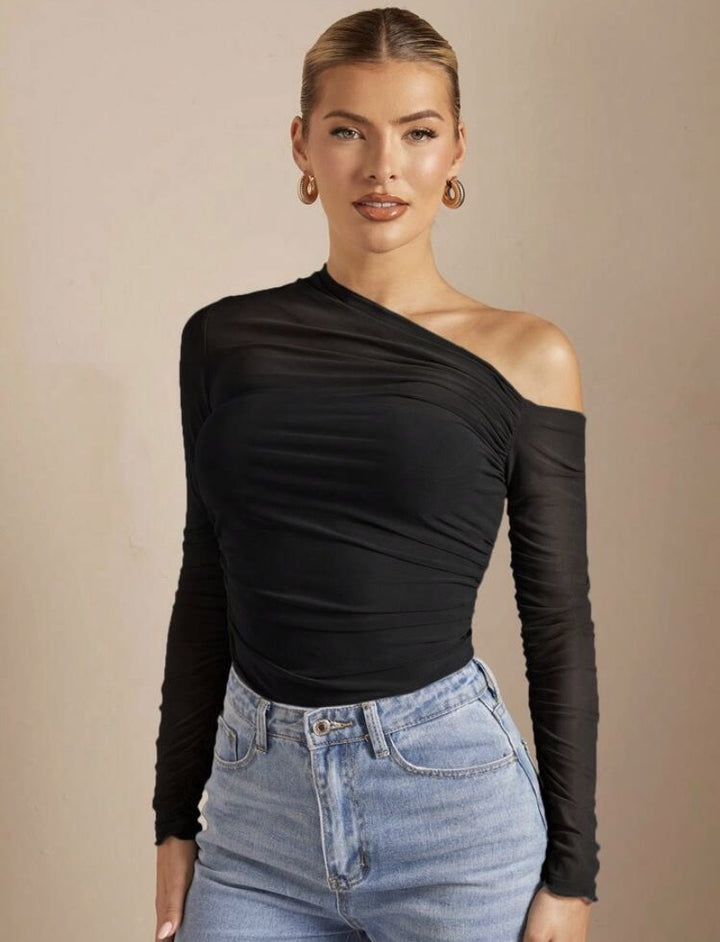 Damen Asymmetrisk Bodysuit med ruching och långa ärmar Mirla-Eva Jonsson