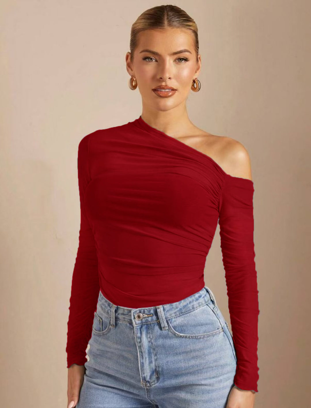 Damen Asymmetrisk Bodysuit med ruching och långa ärmar Mirla-Eva Jonsson