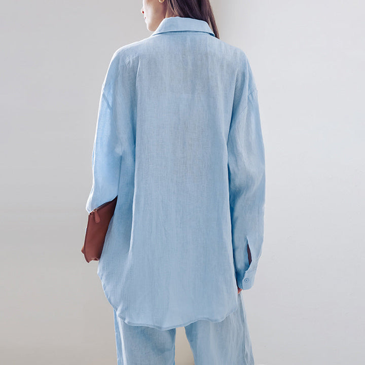 Damen Avslappnad Linne-byxdress med Överdimensionerad Skjortblus och Rak Ben Mirla-Eva Jonsson