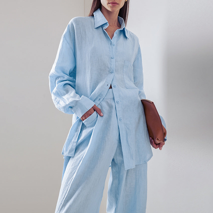 Damen Avslappnad Linne-byxdress med Överdimensionerad Skjortblus och Rak Ben Mirla-Eva Jonsson