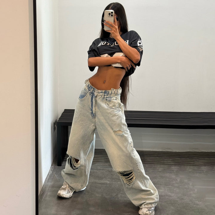 Damen Baggy-jeans med oregelbundna sprickor och avslappnad passform Mirla-Eva Jonsson