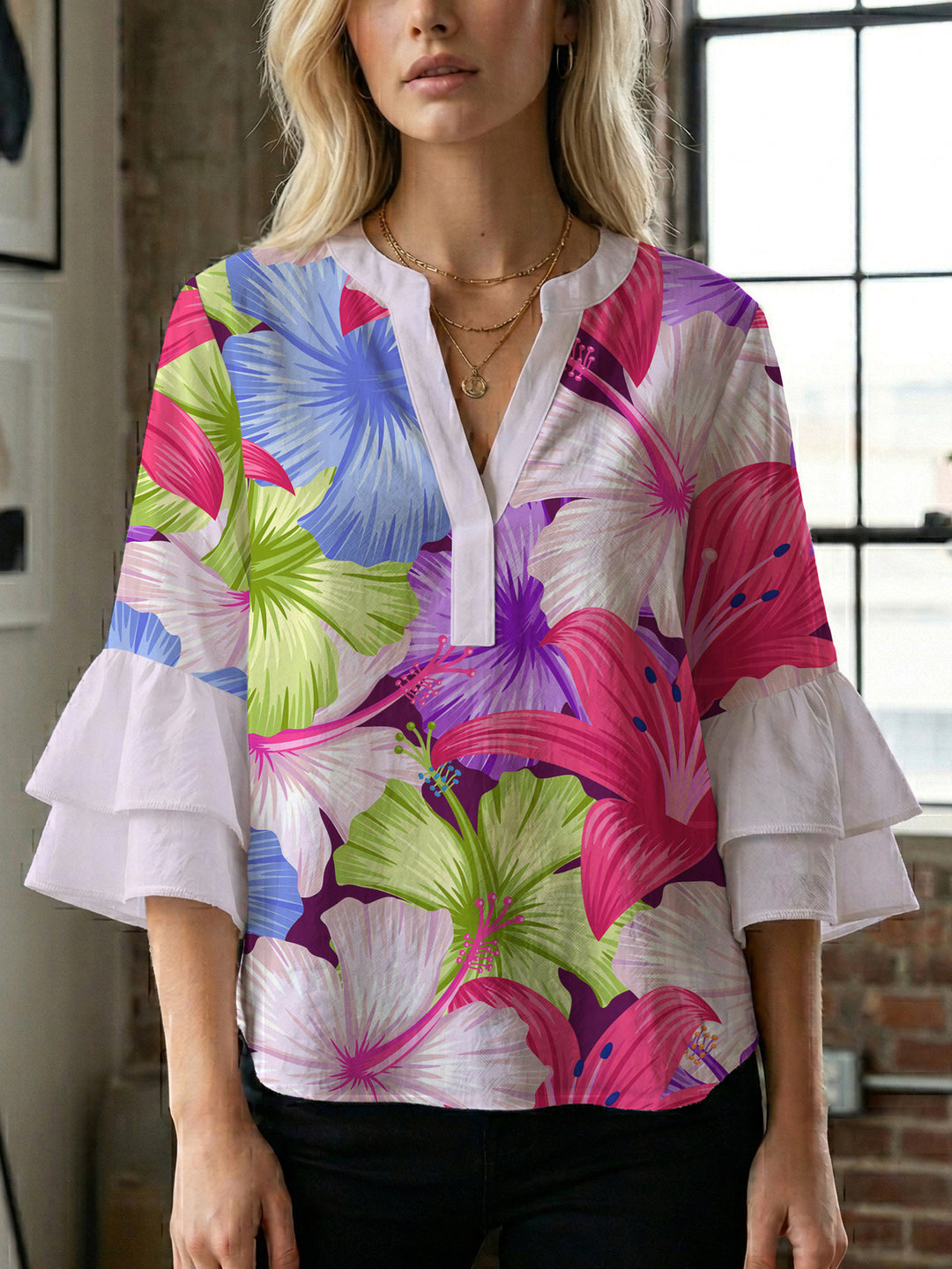 Damen Blusenshirt med voluminösa ärmar och blommönster Mirla-Eva Jonsson