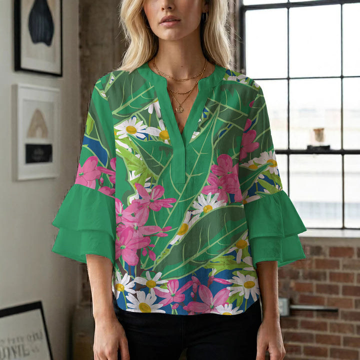 Damen Blusenshirt med voluminösa ärmar och blommönster Mirla-Eva Jonsson