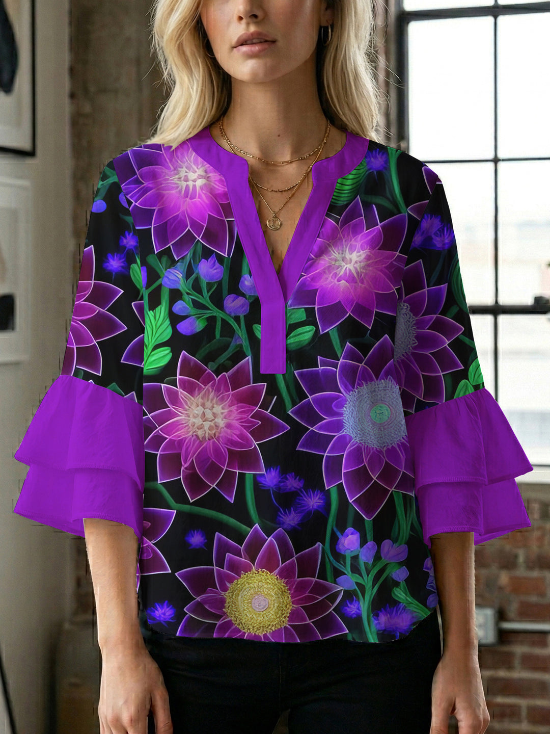 Damen Blusenshirt med voluminösa ärmar och blommönster Mirla-Eva Jonsson