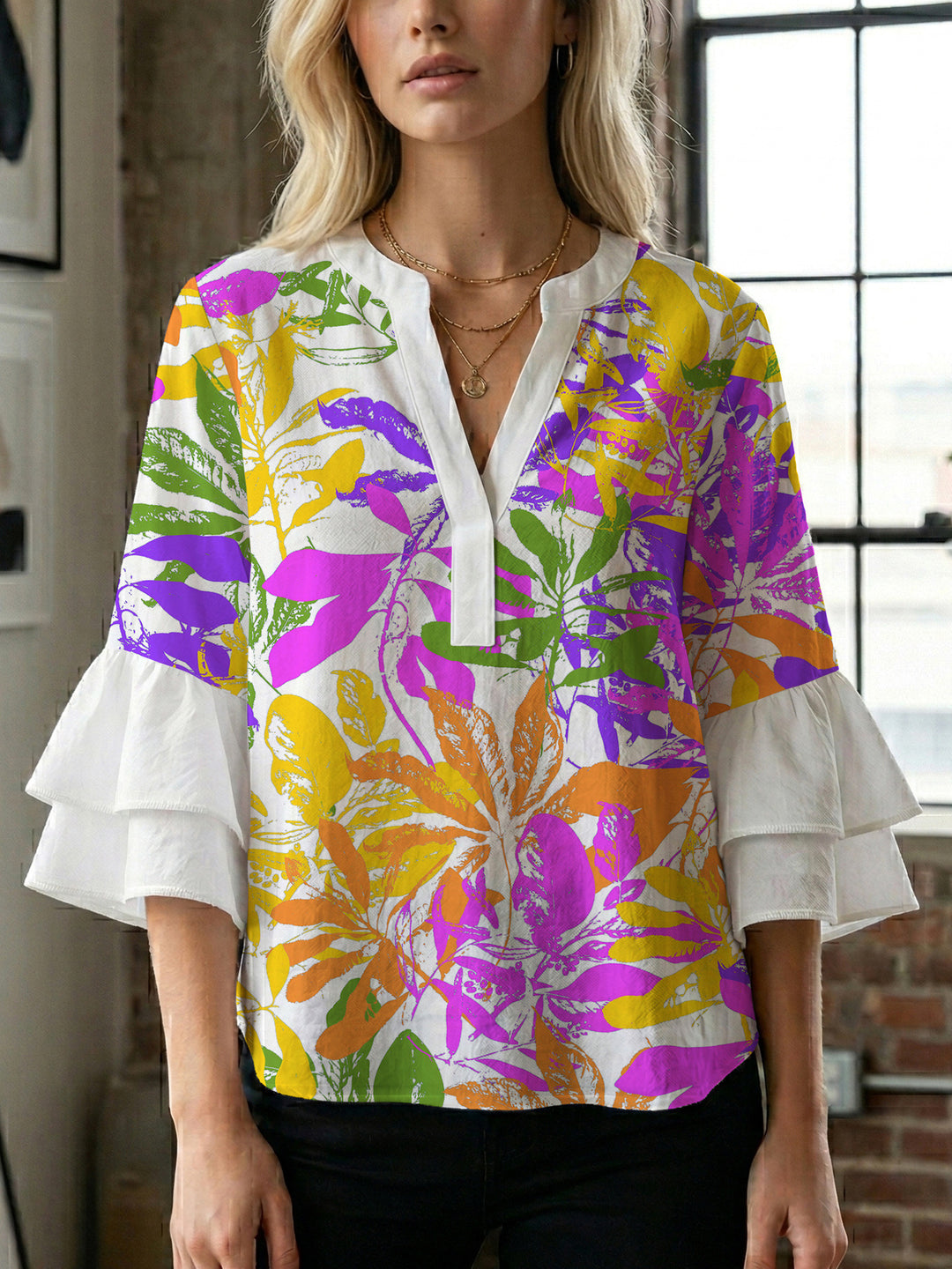 Damen Blusenshirt med voluminösa ärmar och blommönster Mirla-Eva Jonsson