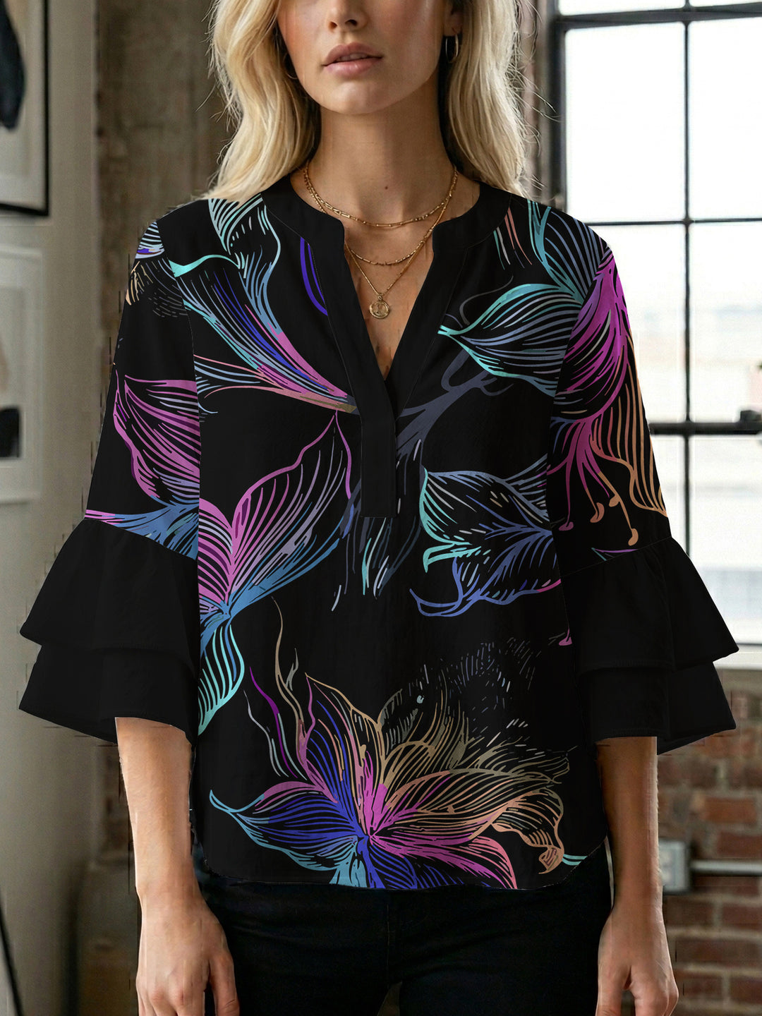 Damen Blusenshirt med voluminösa ärmar och blommönster Mirla-Eva Jonsson
