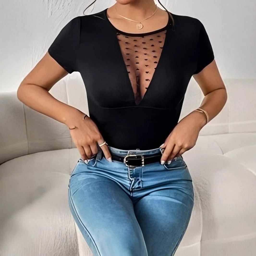 Damen Body mit tiefem V-Ausschnitt und transparenter Netzeinsätzen Mirla-Eva Jonsson
