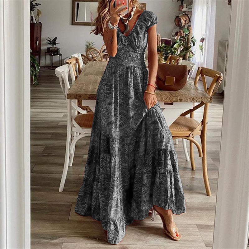 Damen Boho Maxiklänning med djupt V-hals och elastisk midja Mirla-Eva Jonsson