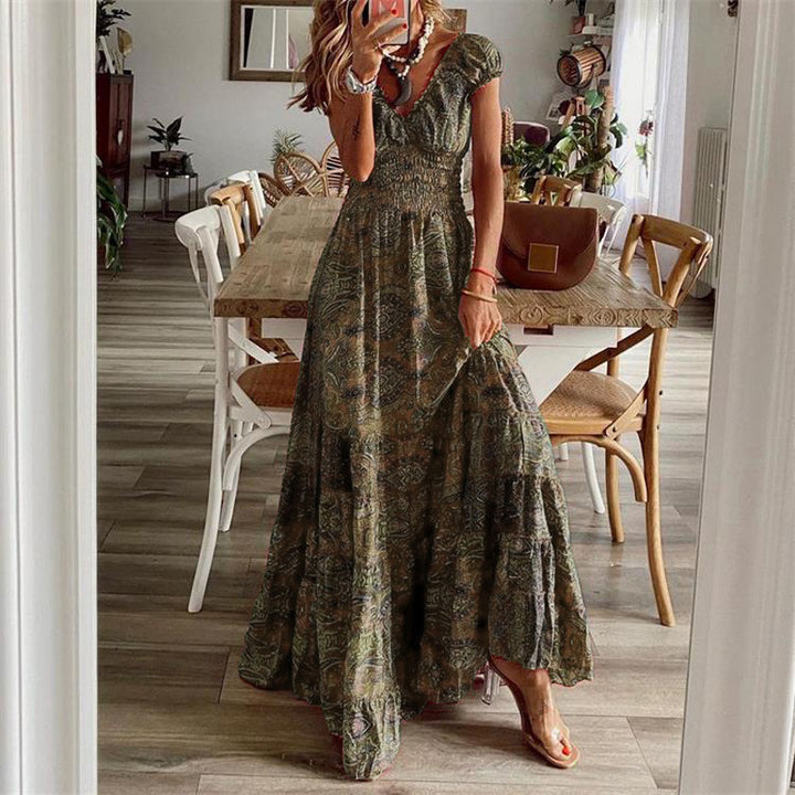 Damen Boho Maxiklänning med djupt V-hals och elastisk midja Mirla-Eva Jonsson