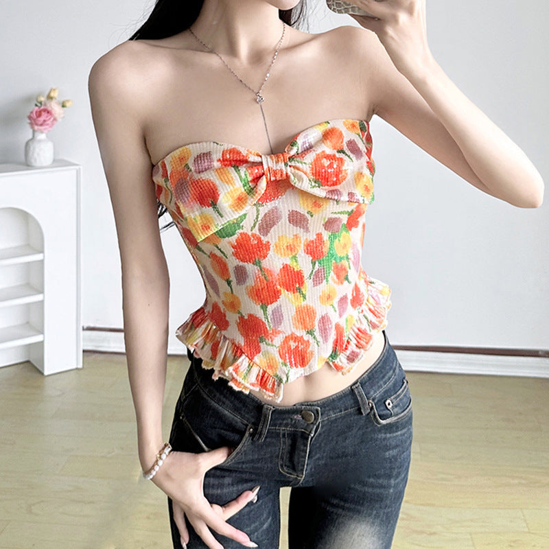 Damen Bustier-top med blommig glittern design och volangkant Mirla-Eva Jonsson
