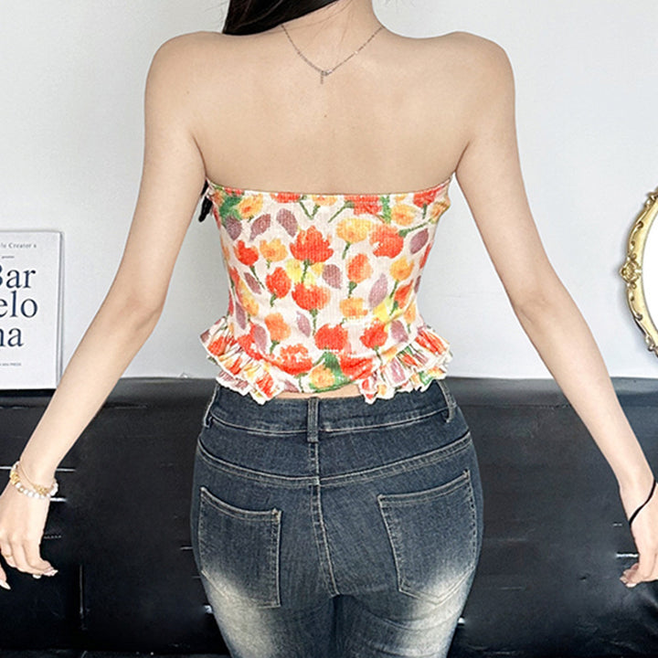 Damen Bustier-top med blommig glittern design och volangkant Mirla-Eva Jonsson