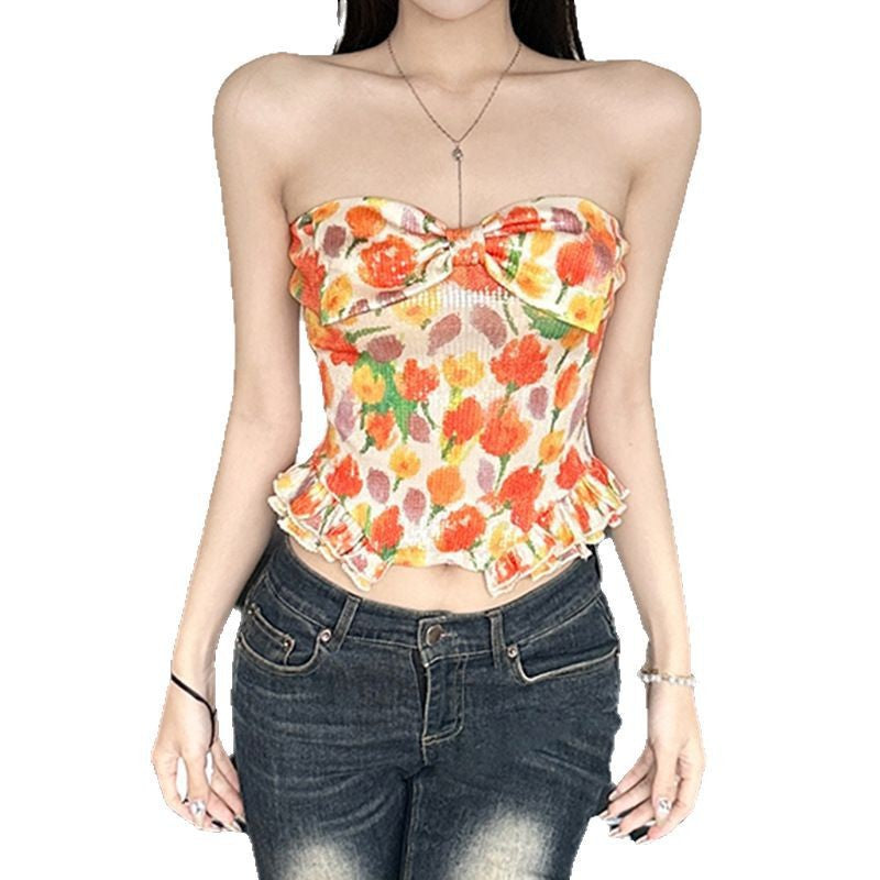 Damen Bustier-top med blommig glittern design och volangkant Mirla-Eva Jonsson