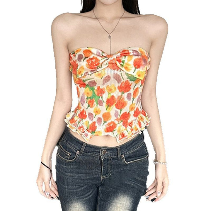 Damen Bustier-top med blommig glittern design och volangkant Mirla-Eva Jonsson