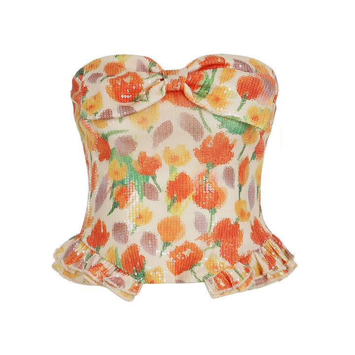 Damen Bustier-top med blommig glittern design och volangkant Mirla-Eva Jonsson