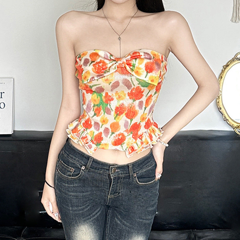 Damen Bustier-top med blommig glittern design och volangkant Mirla-Eva Jonsson