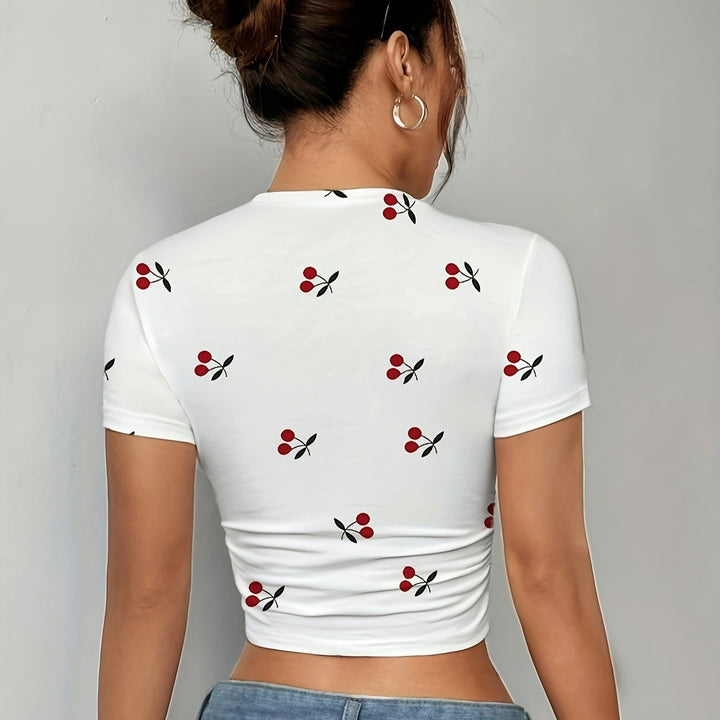 Damen Crop-T-Shirt med fräscht körsbärsmotiv och figurnära snitt Mirla-Eva Jonsson
