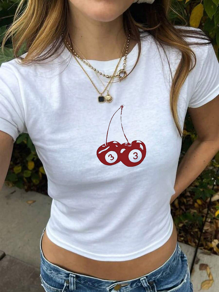 Damen Crop-T-shirt med slätt körsbärsmotiv och avslappnad passform Mirla-Eva Jonsson
