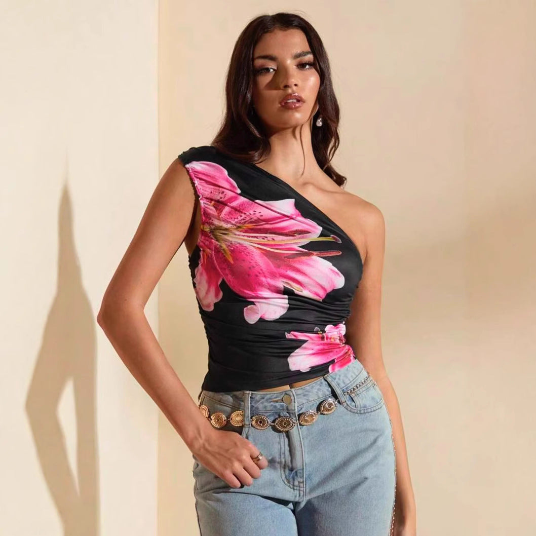 Damen Crop-Top med asymmetrisk halsringning och blomsteraccenter Mirla-Eva Jonsson