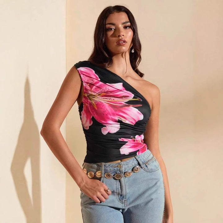 Damen Crop-Top med asymmetrisk halsringning och blomsteraccenter Mirla-Eva Jonsson