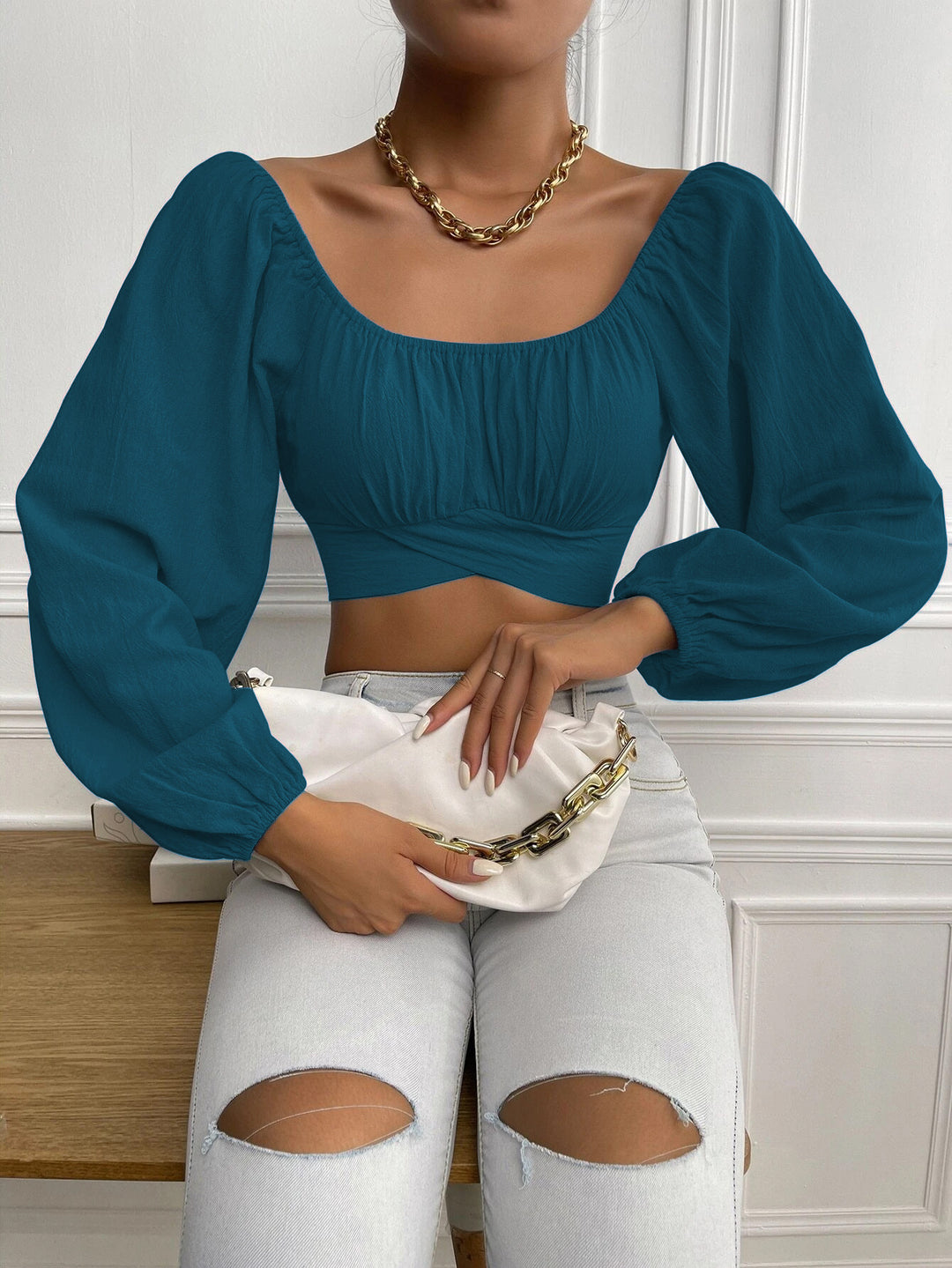 Damen Crop Top med balettärmar och rynkat design Mirla-Eva Jonsson