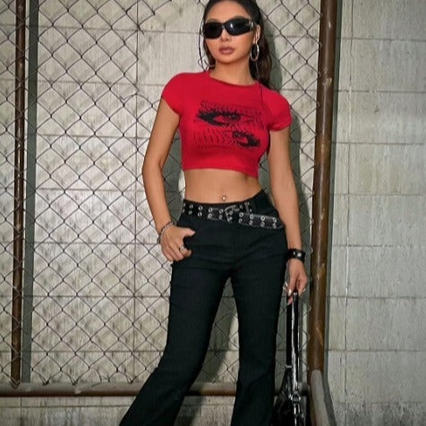 Damen Crop-Top med kreativt ögonmotiv och figurformande passform Mirla-Eva Jonsson