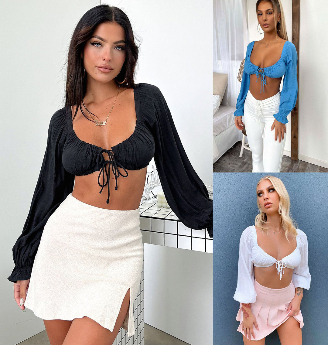 Damen Crop Top med puffärmar och justerbar dragsko Mirla-Eva Jonsson