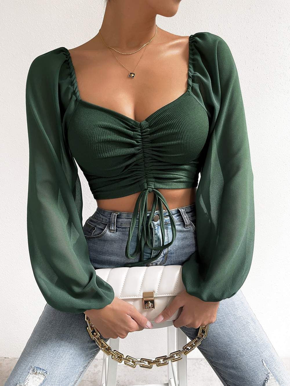 Damen Crop-Top med strukturerad kropp och eleganta puffärmar Mirla-Eva Jonsson