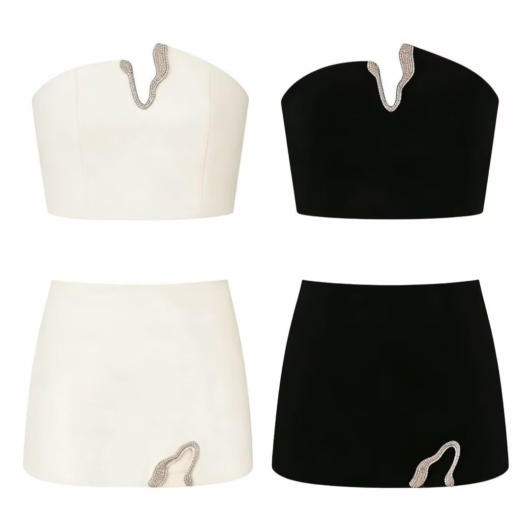 Damen Crop-Top och Mini-Kjol Set med dekorativ detalj Mirla-Eva Jonsson