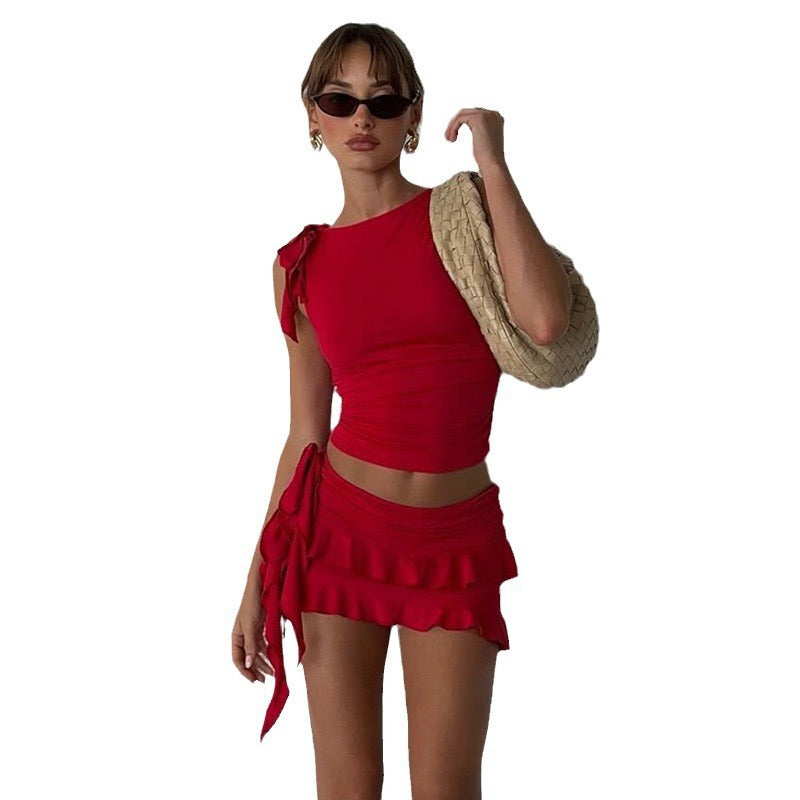 Damen Crop-Top och Minikjol Set i elegant volangdesign Mirla-Eva Jonsson