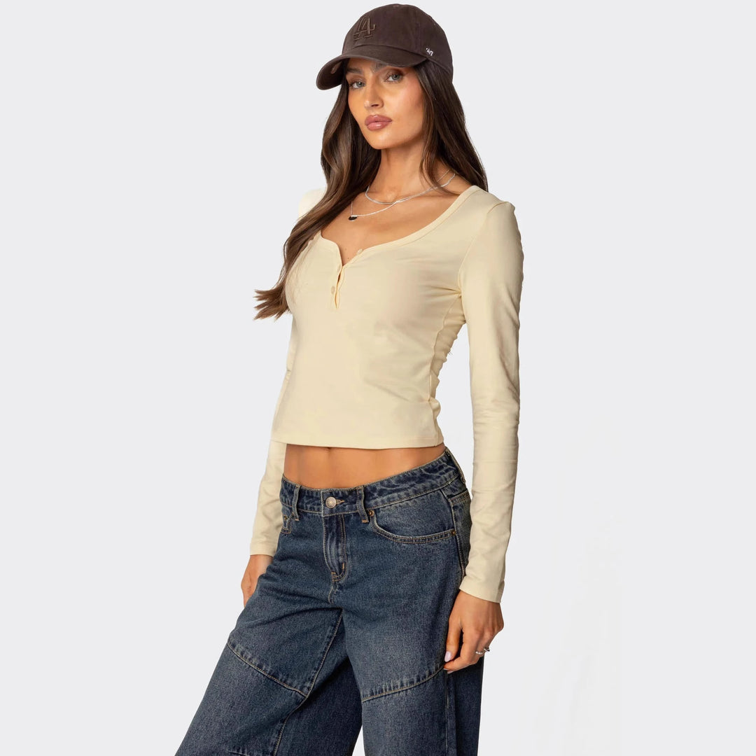 Damen Cropped Långärmad skjorta med knapplista och mjukt tyg Mirla-Eva Jonsson