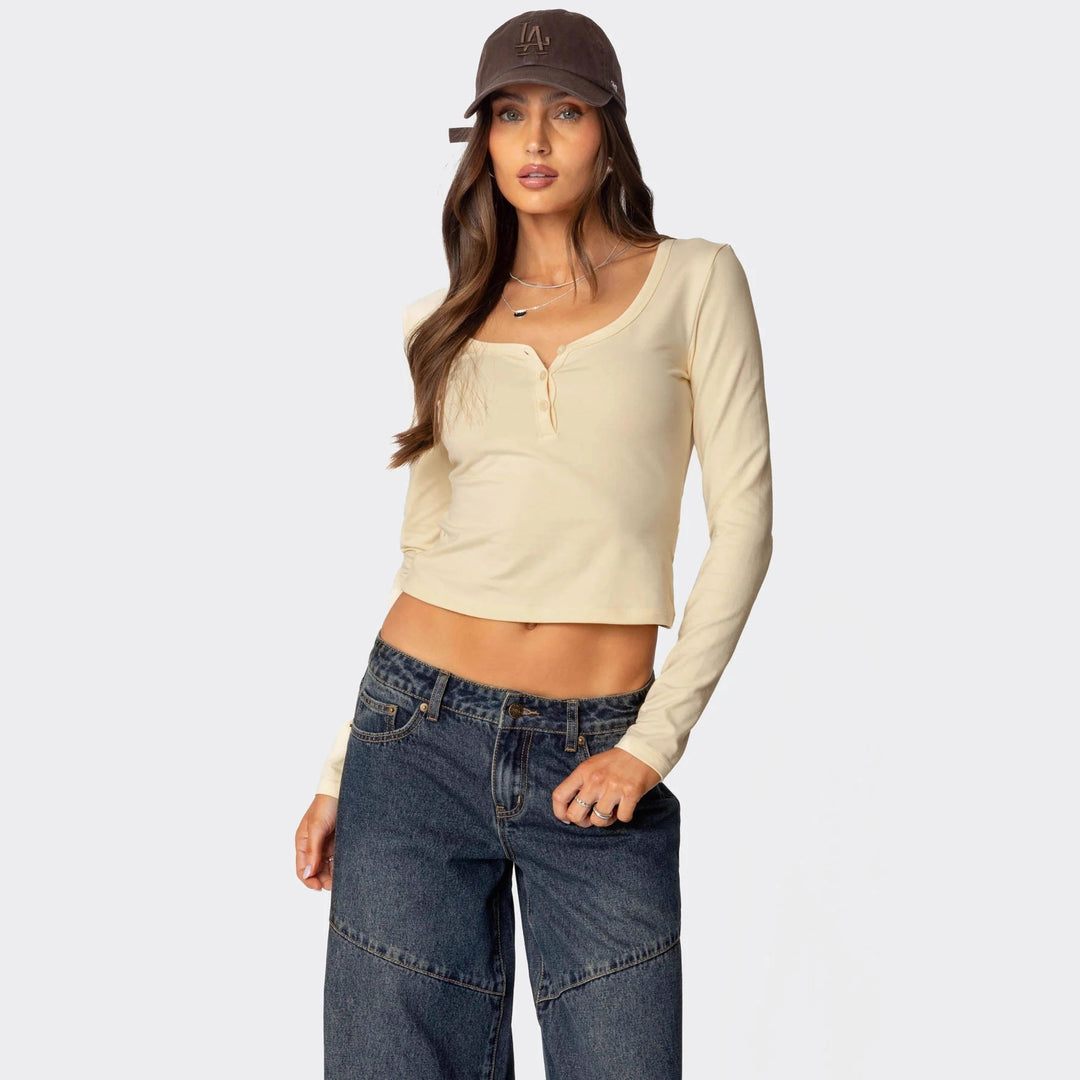 Damen Cropped Långärmad skjorta med knapplista och mjukt tyg Mirla-Eva Jonsson
