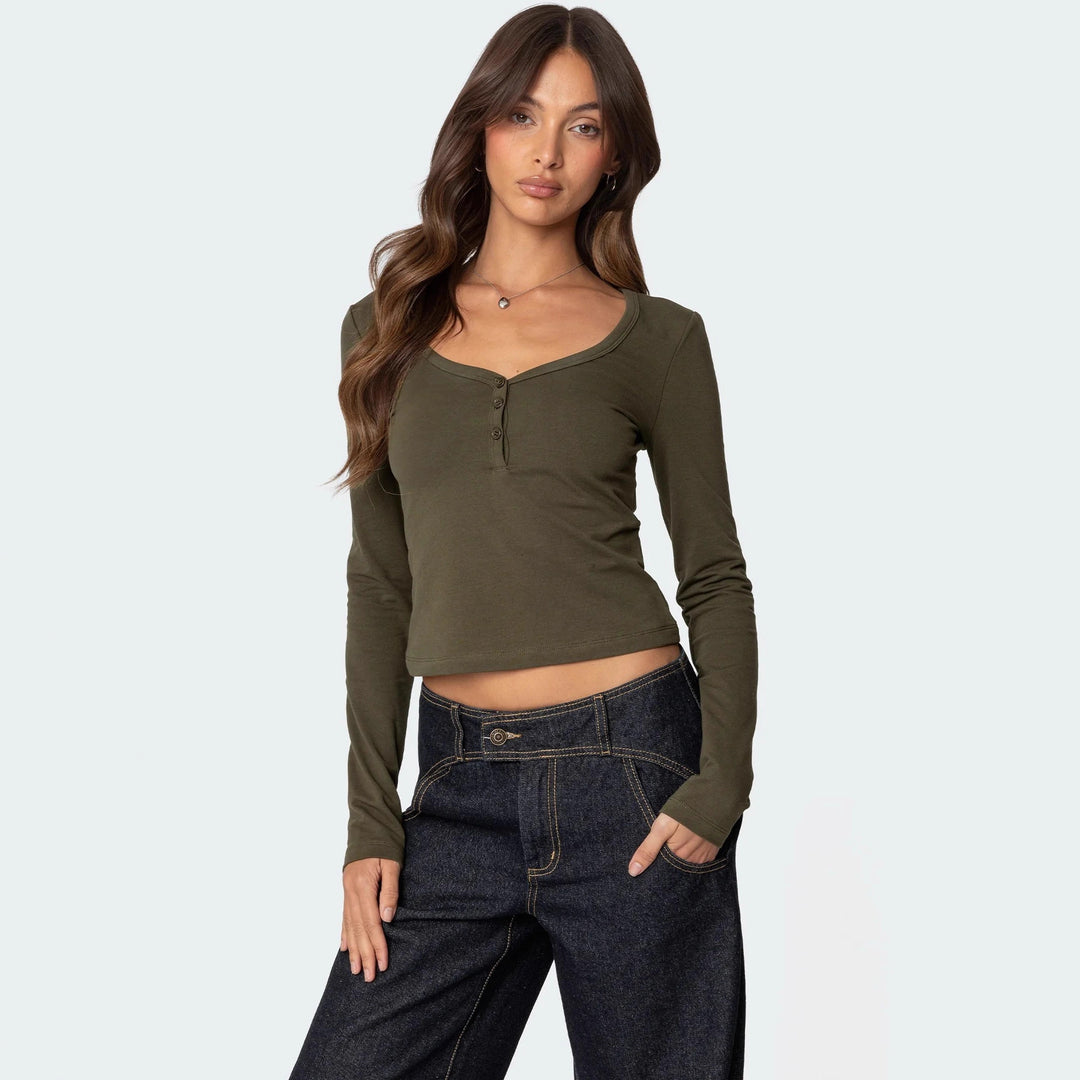 Damen Cropped Långärmad skjorta med knapplista och mjukt tyg Mirla-Eva Jonsson