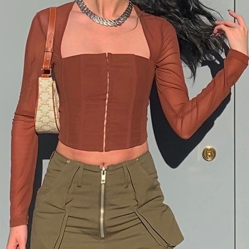 Damen Cropped top med transparenta ärmar och strukturerad skärning Mirla-Eva Jonsson